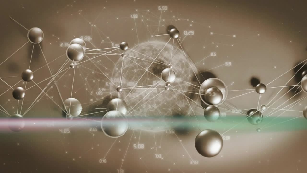 Rotating network encircling globe receiving numeric labels while light band sweeping showing data
