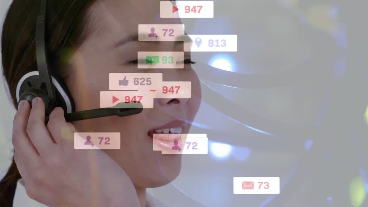 헤드 ⁇ 을 착용 한 사업가 여성 위 에 있는 아이콘 의 애니메이션