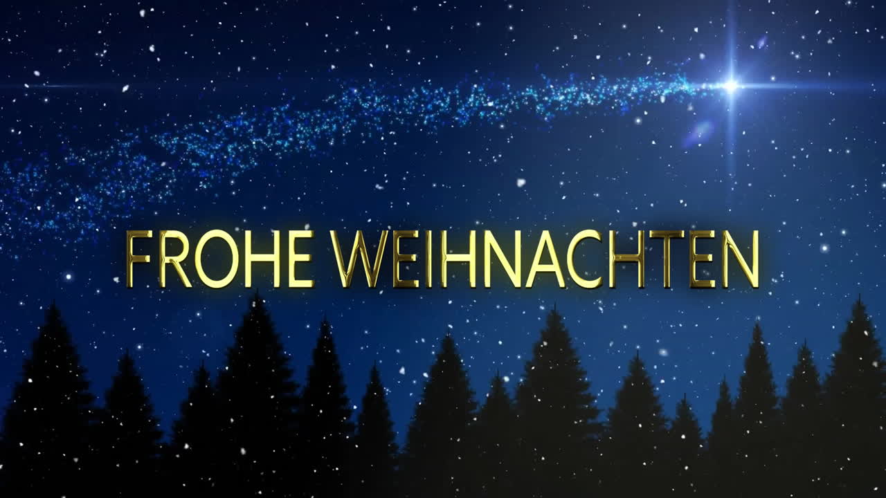 Animation des Textes "Frohe Weihnachten" über fallendem Schnee vor einem Weihnachtssternschnuppen-Hintergrund.