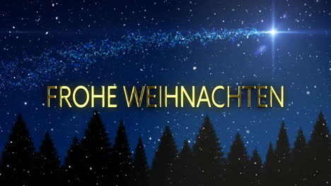 Animation-Of-Frohe-Weihnachten-Text-Over-Snow-Falling-In-Christmas-Shooting-Star-Background