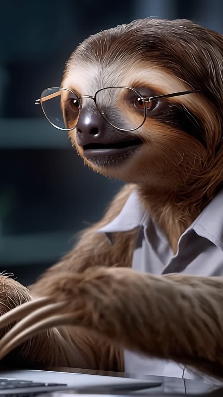 Un perezoso encantador con gafas concentrado en el trabajo, irradiando una mezcla única de relajación y concentración mientras escribe en un portátil en un escritorio.