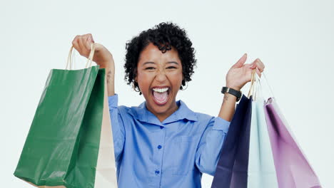 cara, mujer y emocionado por la bolsa de compras de ventas