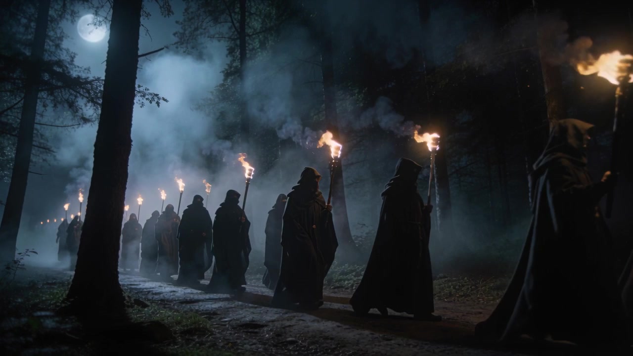 Figure ammantate che marciano portando torce lungo un sentiero nel bosco con nebbia, la luna piena che guida una marcia rituale.