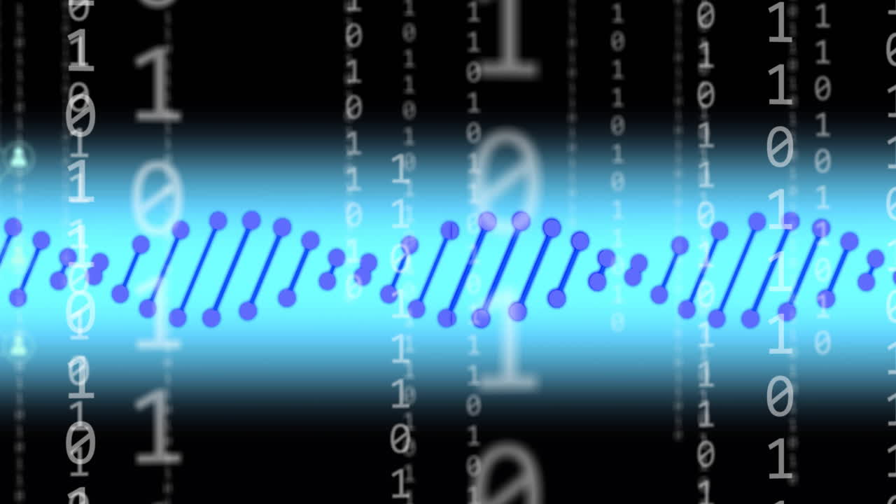 Animation of dna strand over data processing and network of connections on black background