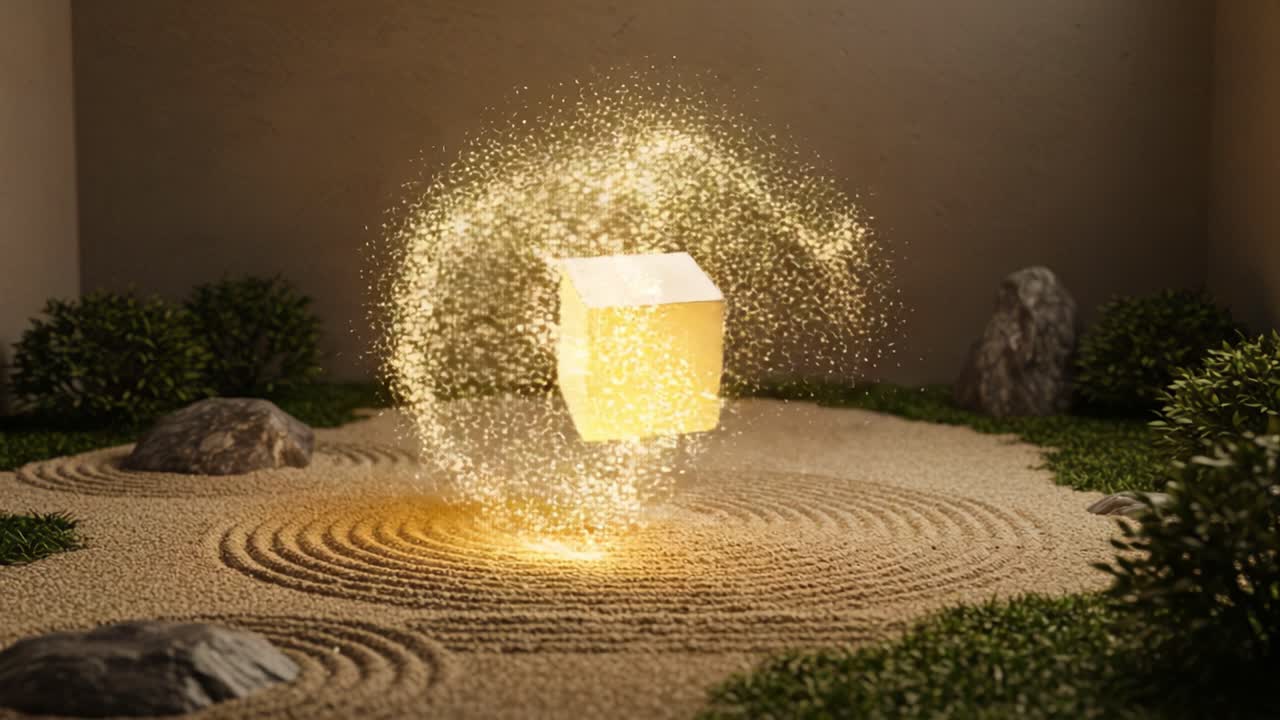 A Glowing Cube Surrounded by Sparkling Energy in a Tranquil Outdoor Setting with Subtle Textures and Natural Elements, Captured in a Mystical Moment
