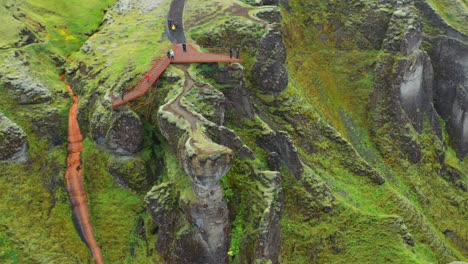 aerial view of tourists at the viewing platform of fjadrargljufur canyon in iceland