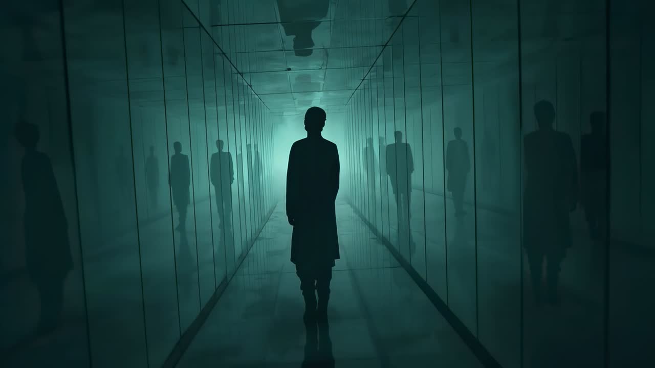 Man in dark coat walking to distant teal light drawing him through mirrored hall with haze