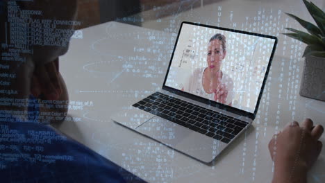 programming code animation overlaying person video conferencing on laptop screen