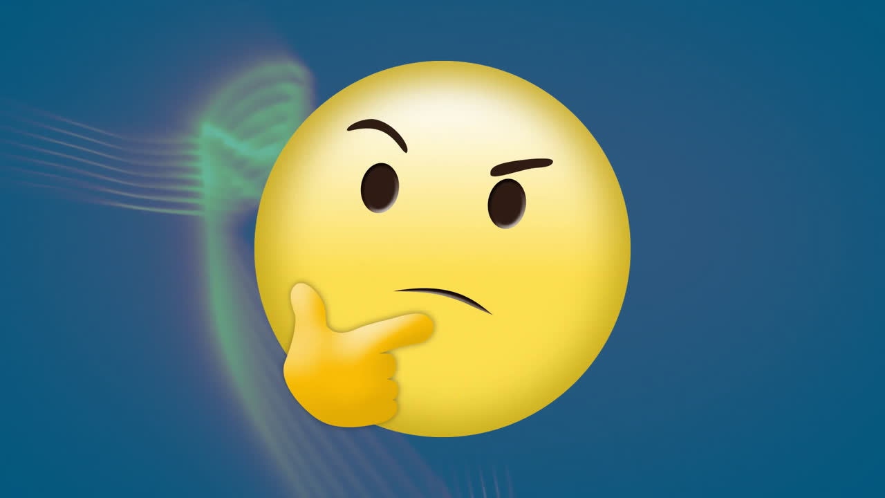 Thinking face emoji animation over blue background with curved lines