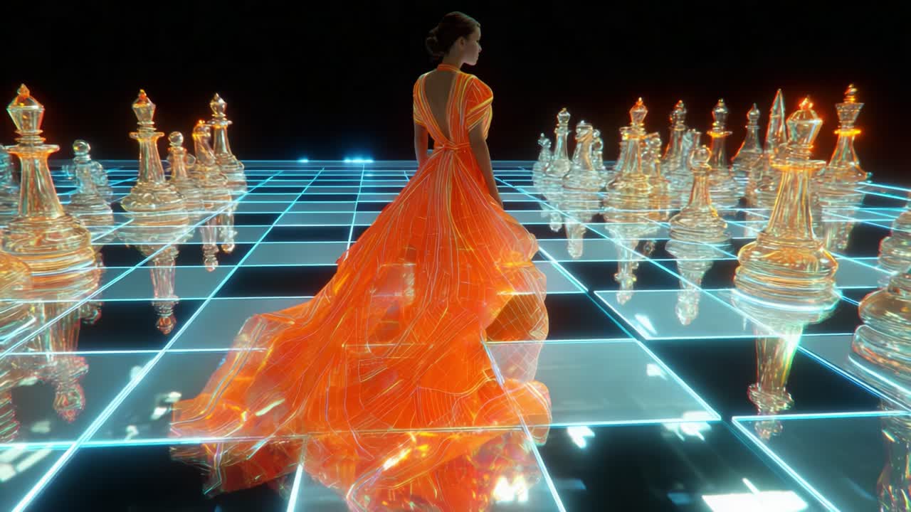 A stunning visual representation of a woman in an elegant orange gown navigating a futuristic chessboard, surrounded by transparent chess pieces, exuding an aura of strategy and beauty in a surreal atmosphere