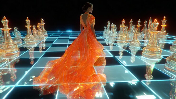 En fantastisk visuel fremstilling af en kvinde i en elegant orange kjole, der navigerer på et futuristisk skakbræt, omgivet af gennemsigtige skakbrikker, der udstråler en aura af strategi og skønhed i en surrealistisk atmosfære.
