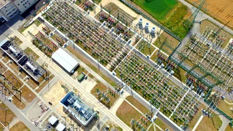 aerial top view of high-voltage distribution substation - drone shot