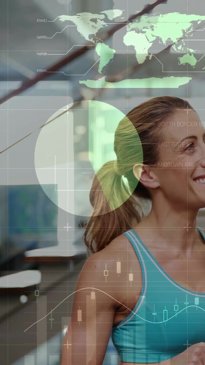 Vertical video: HUD activating woman tracking metrics, smiling at gym in turquoise top, copy space