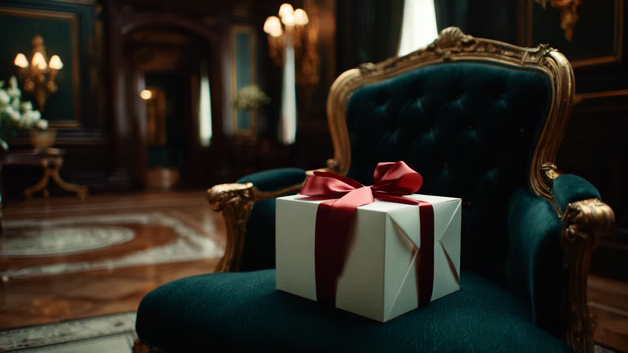 An Elegant Gift Wrapped in Red Ribbon Sits on a Luxurious Green Velvet Chair within a Lavishly Decorated Room, Exuding an Air of Anticipation and Celebration