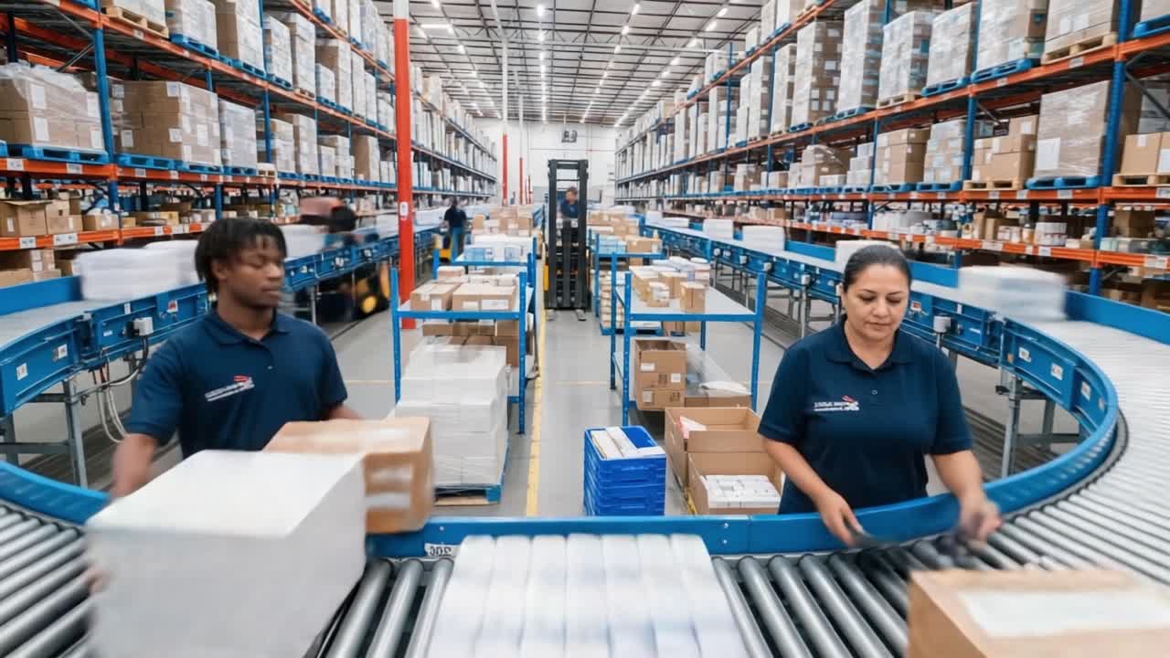 Warehouse Operations: Efficient Packaging and Sorting in a High-Volume Distribution Center with Dedicated Staff Handling Products on Conveyor Belts
