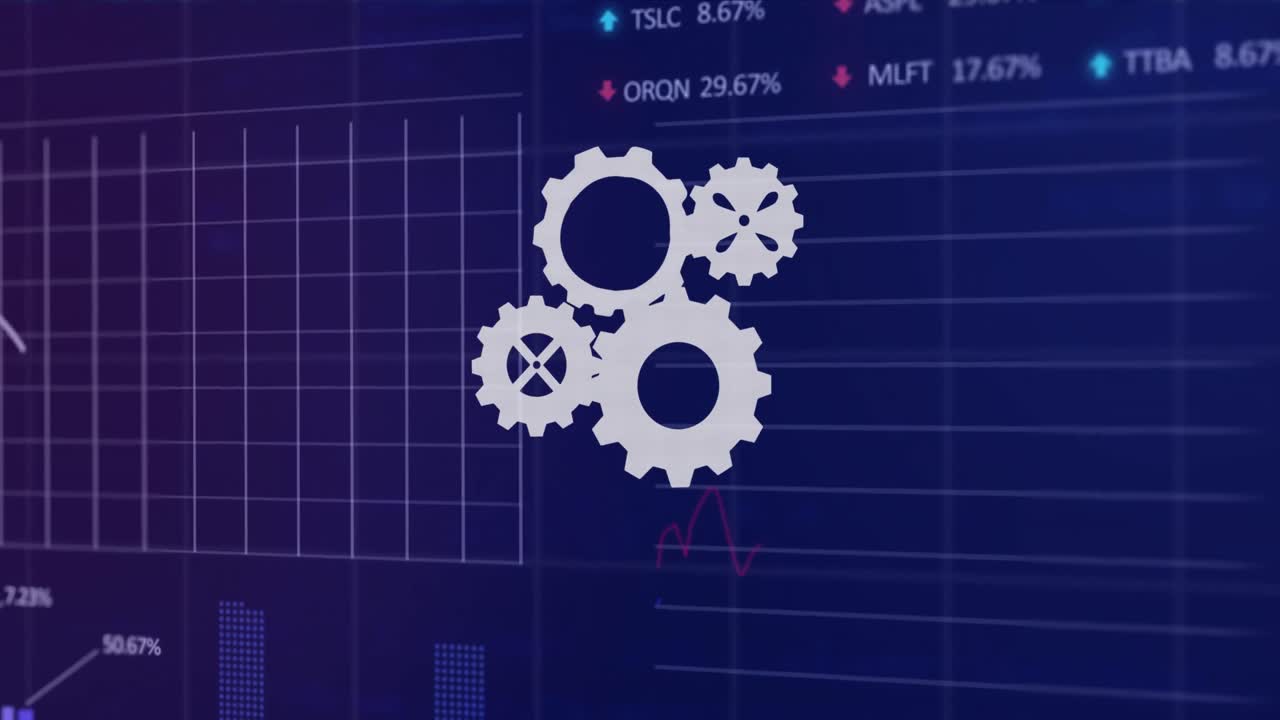 스피닝 기어 아이콘의 애니메이션, 파란색 배경에 통계 및 주식 시장 데이터 처리