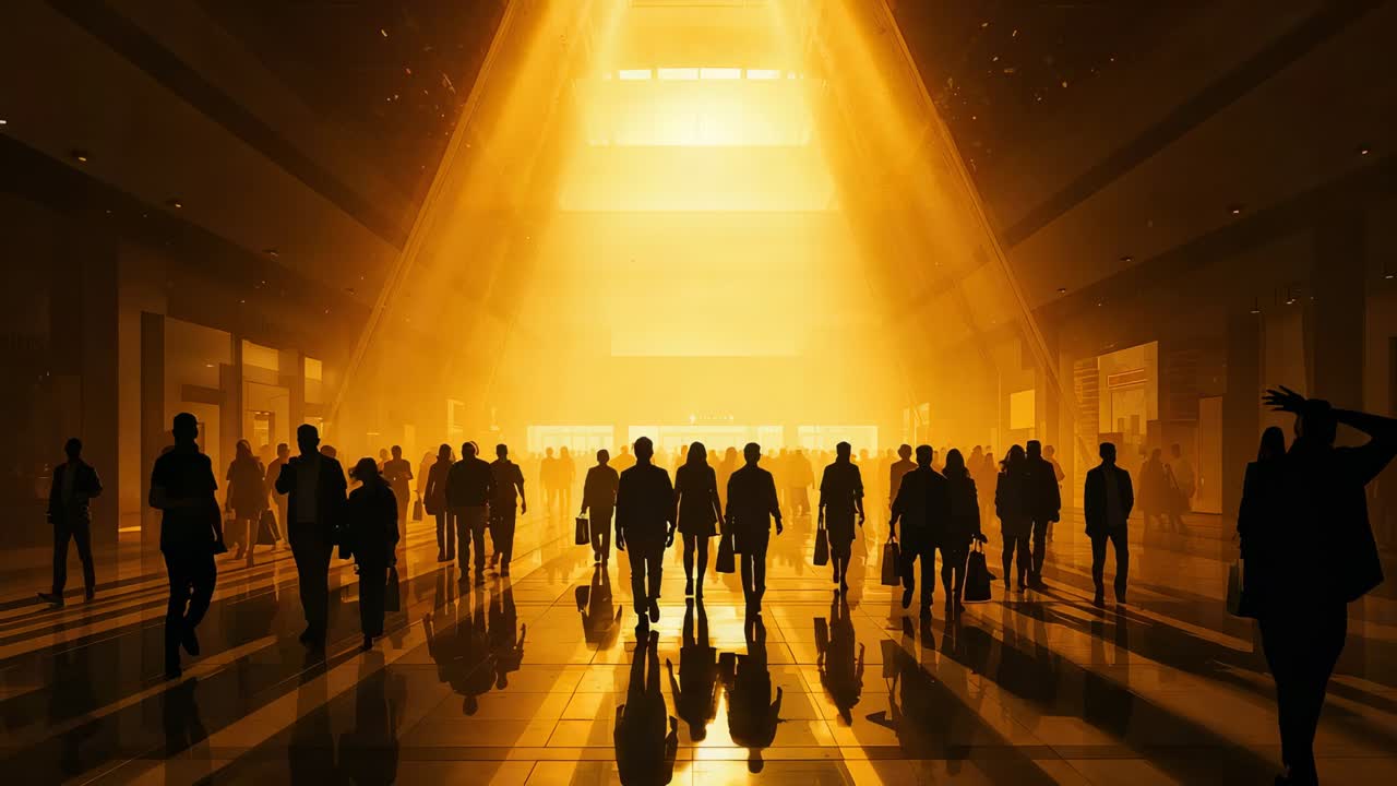 Walking central crowd emerging from far exit through station under skylight with luggage for travel