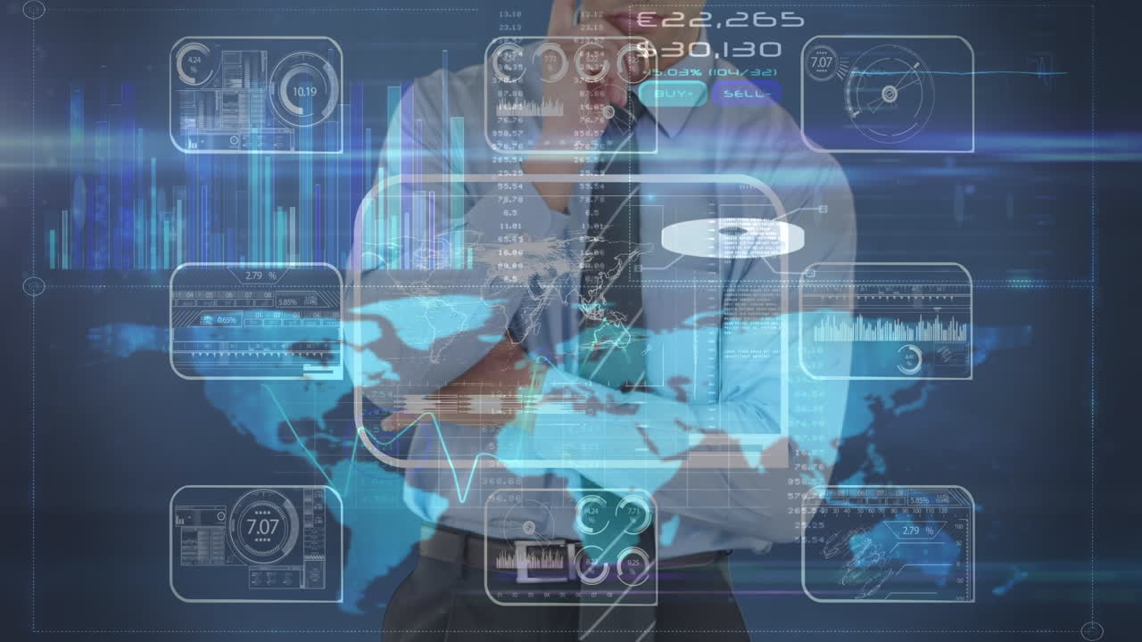 animación del procesamiento de datos financieros sobre el hombre de negocios