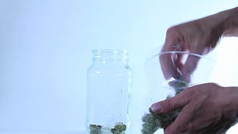 las manos transfieren marihuana de una bolsa de plástico a un frasco de vidrio