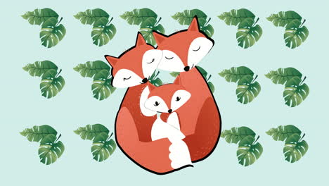 animation of happy fox family embracing on green background