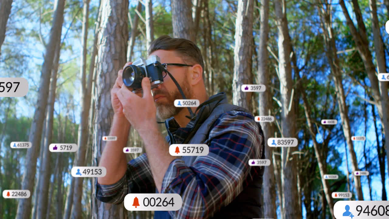 Capturing nature, photographer surrounded by animation of social media notification icons
