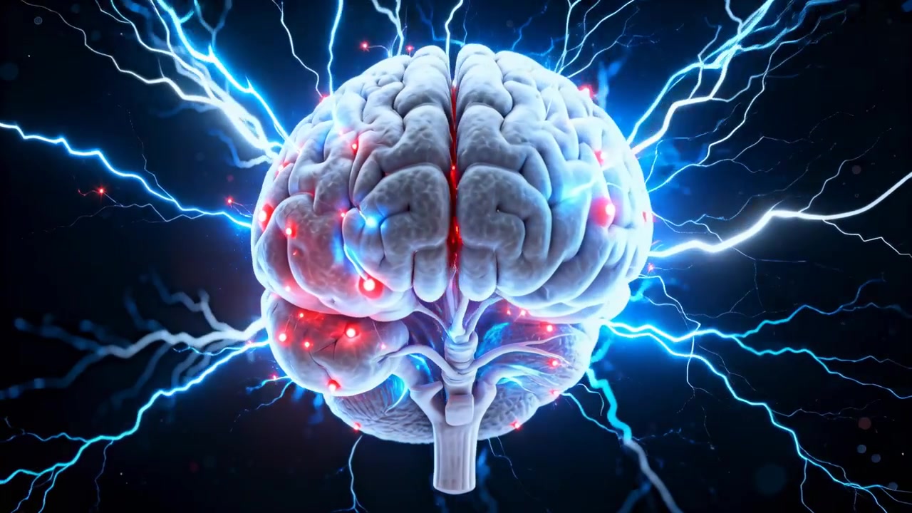 Pulsing red nodes, 3D brain model rotating and emitting blue arcs in dark void, showing activation