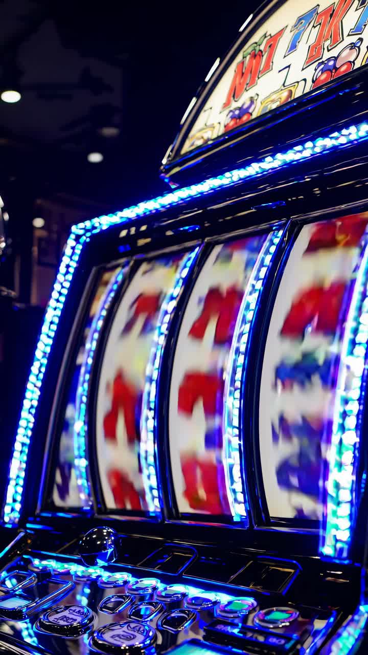 Primo piano, scatto dal basso verso l’alto di una slot machine con rulli che girano e luci blu brillanti