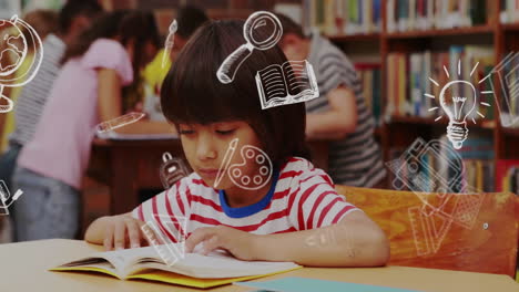 animation of school items icons over diverse schoolchildren reading books in library