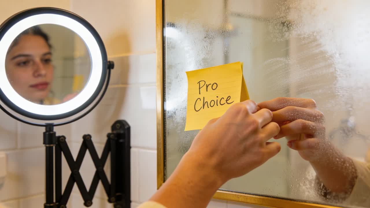 Notando il vapore, una donna con un top chiaro posiziona una nota gialla "Pro Choice" su uno specchio d'ottone.