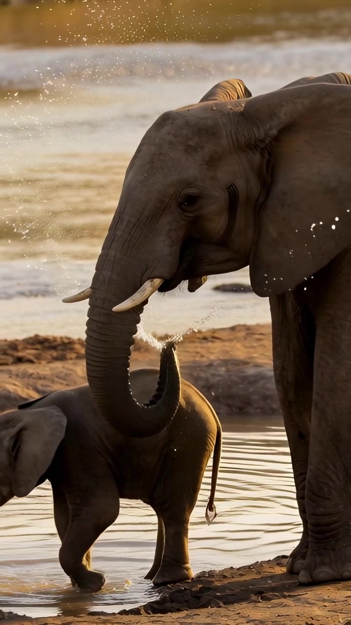 Vertical video: Raising trunk adult elephant spraying water at river for bathing, juvenile beside