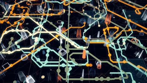 abstract futuristic electronic circuit board with electrical signals flowing in electrical conductors pcb. animation. neural network and big data, artificial intelligence, matrix concept, seamless loop