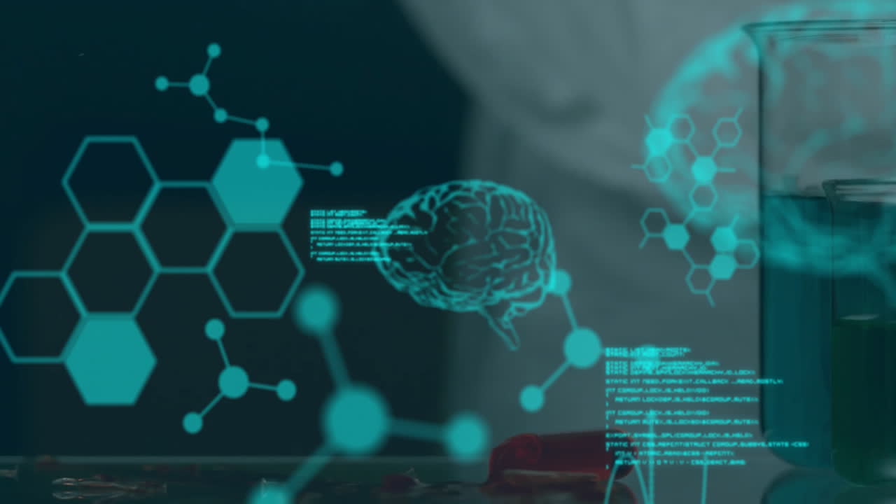 Animation of digital brain with molecules and data processing over beaker with liquid and test tube
