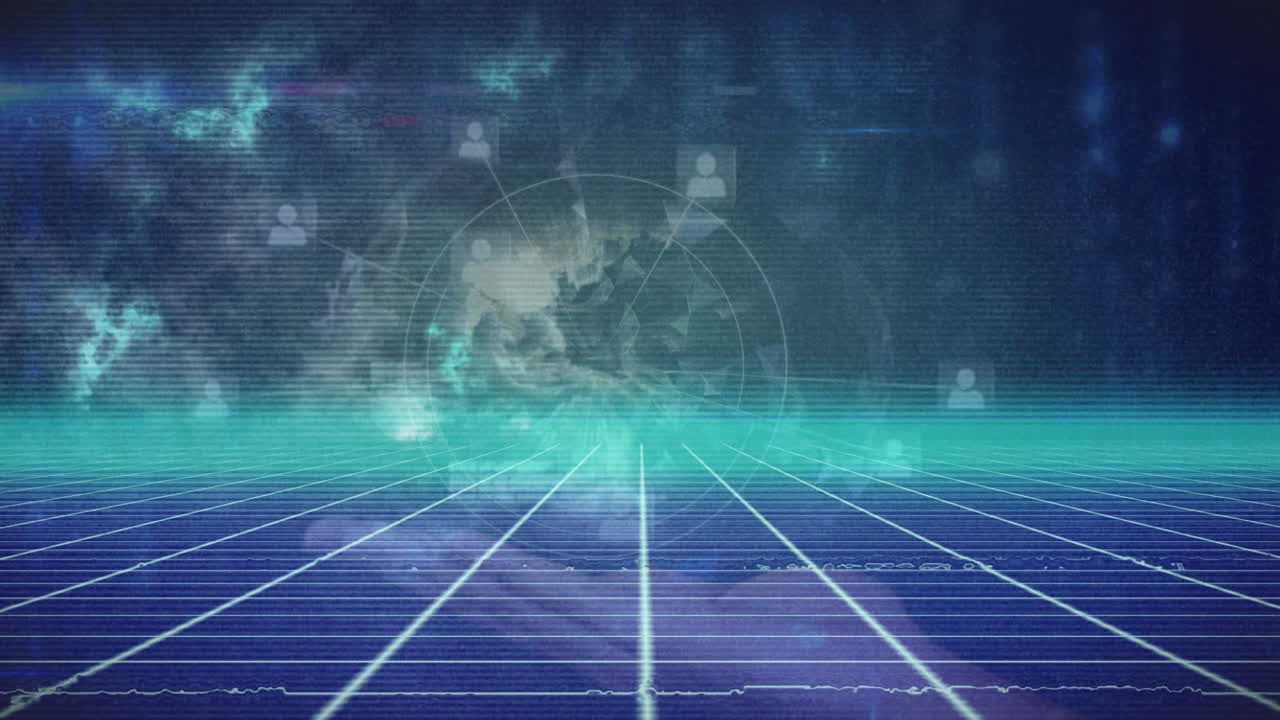 animación de la red de conexiones, globo y nubes sobre fondo azul oscuro