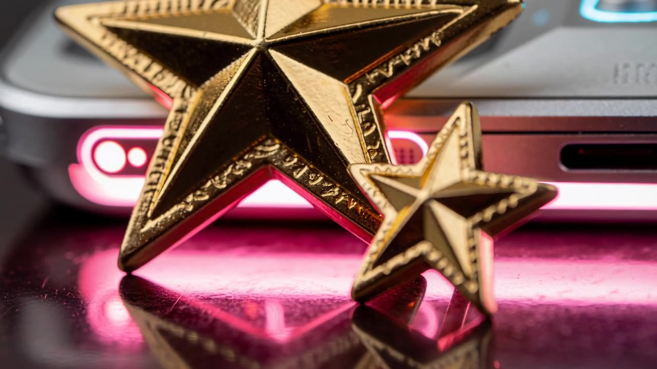 La telecamera si avvicina per accentuare i riflessi su due ornamenti a forma di stella d'oro, con LED rosa e telefono.