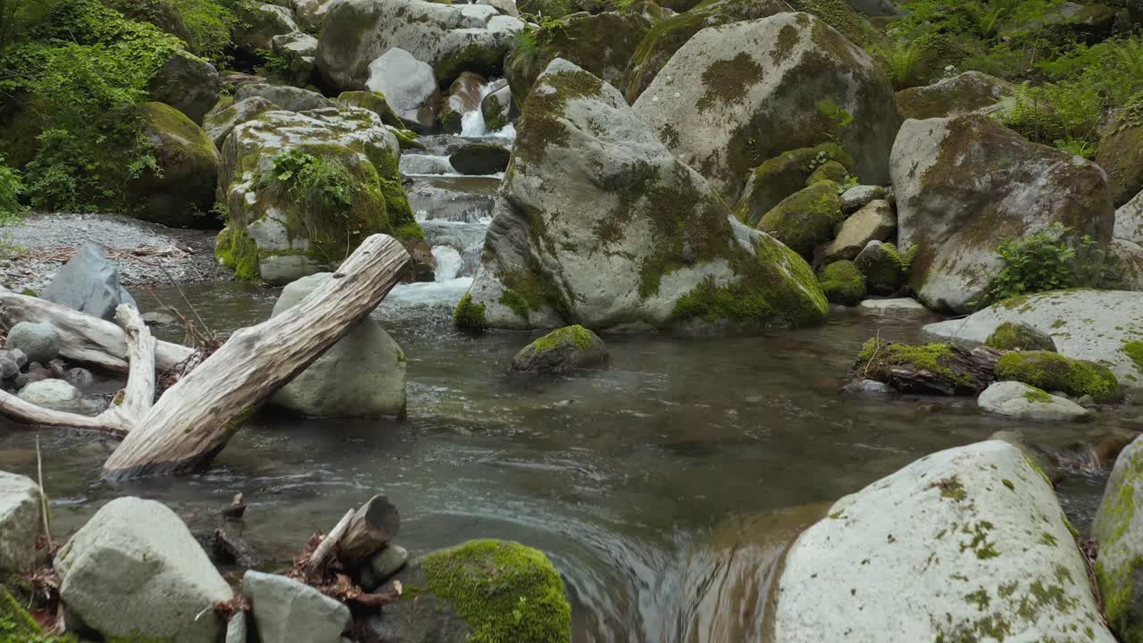 Mossy Rocks and River Flowing Through Mountains of Tottori, Mt Daisen