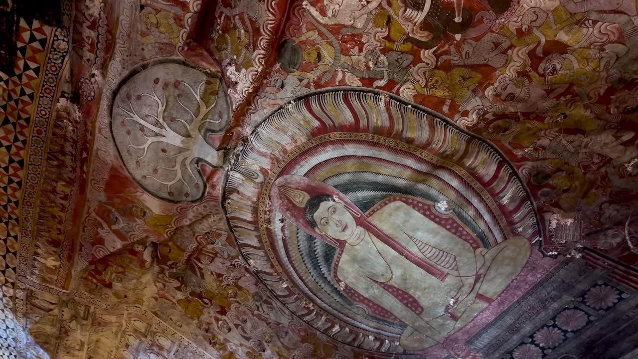 Intricate and historic depictions of Buddha adorning the ceiling of the renowned Dambulla Cave Temple in Sri Lanka Pan Left Shot