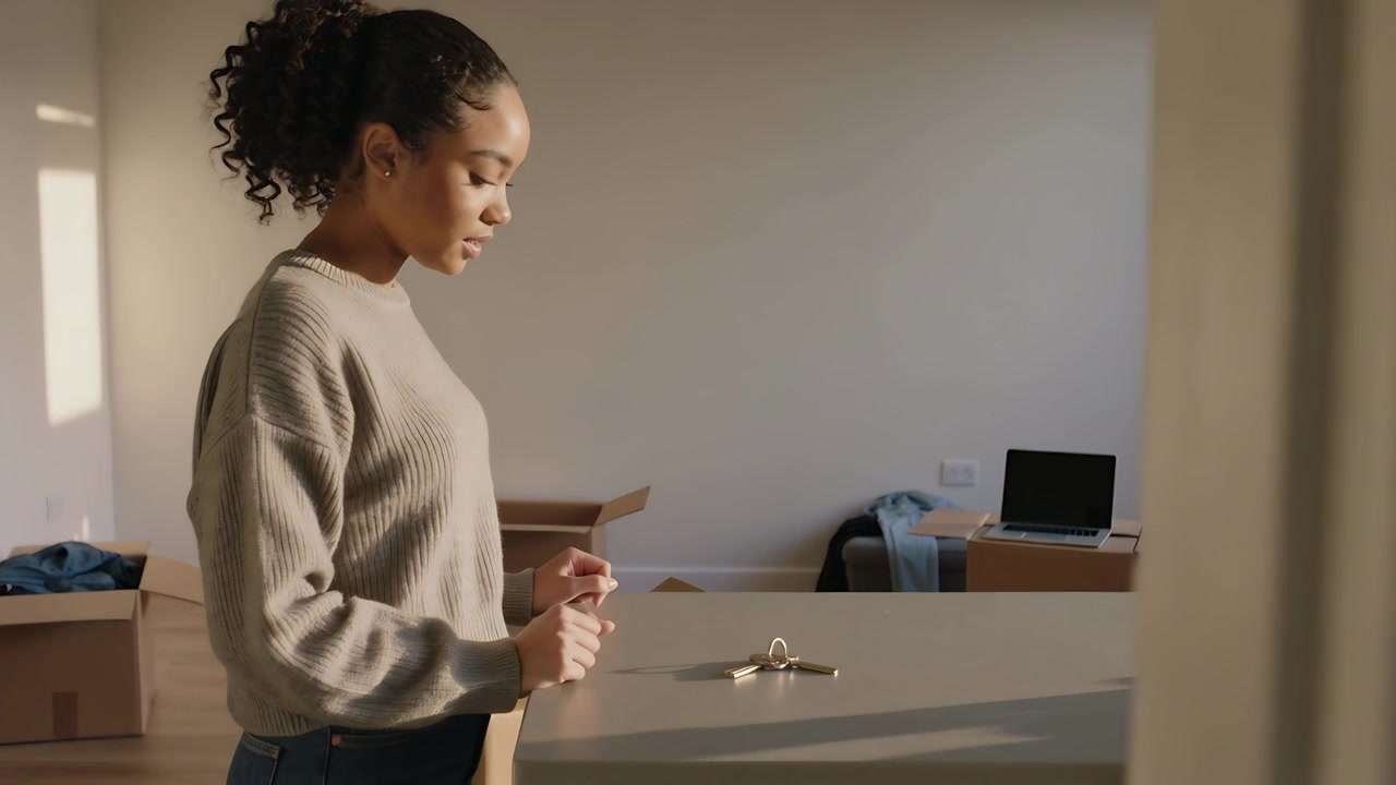 Donna che entra con maglione e jeans, posa le chiavi sul bancone, sposta scatole, si sistema, con spazio per il testo