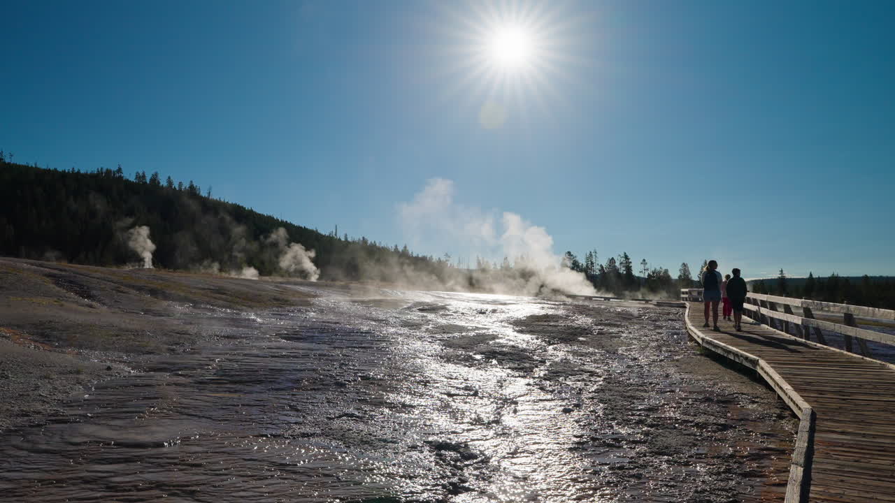 People walk on a boardwalk through a steaming geothermal landscape in Yellowstone National Park under a bright sun