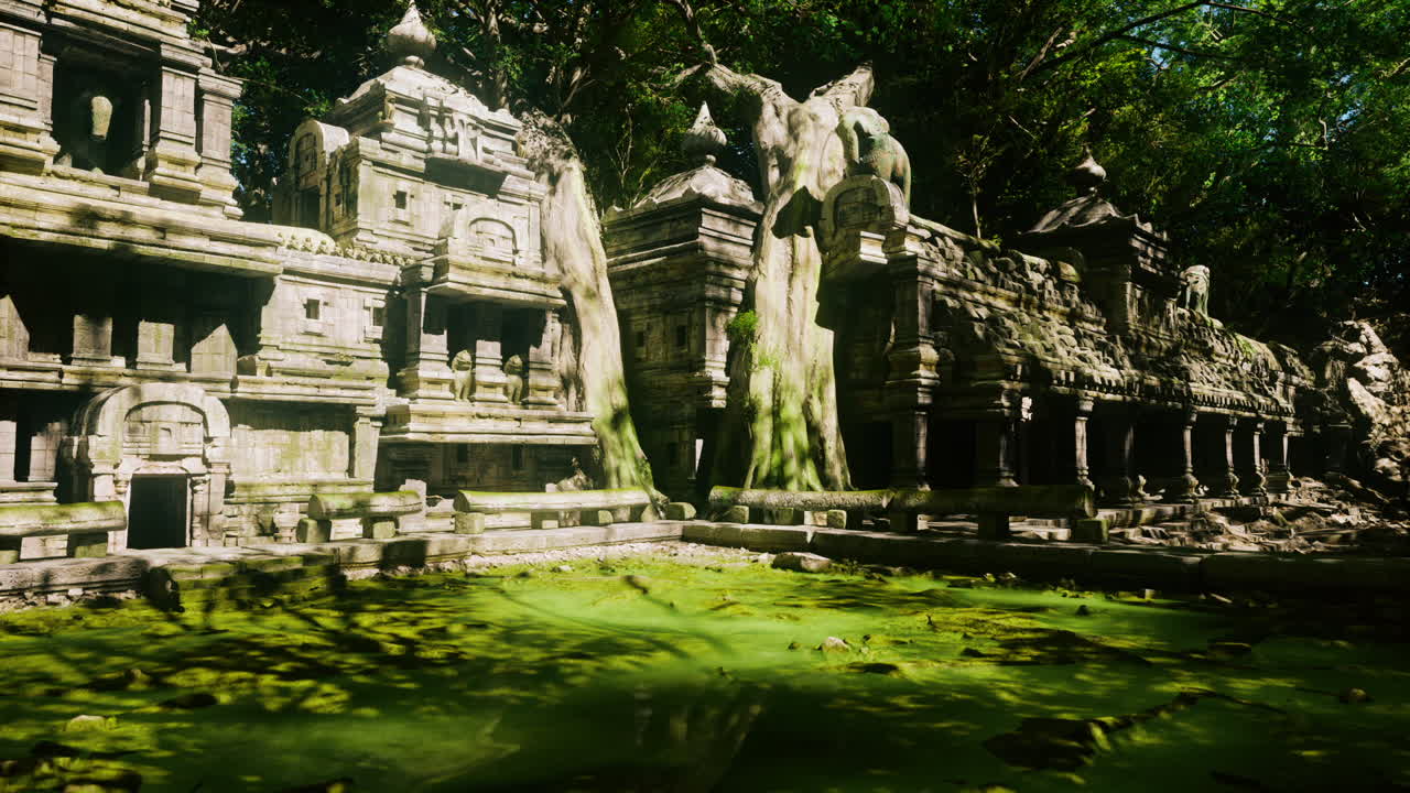 Ancient temple ruins enveloped by lush greenery in cambodias jungle