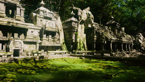 ancient temple ruins enveloped by lush greenery in cambodias jungle