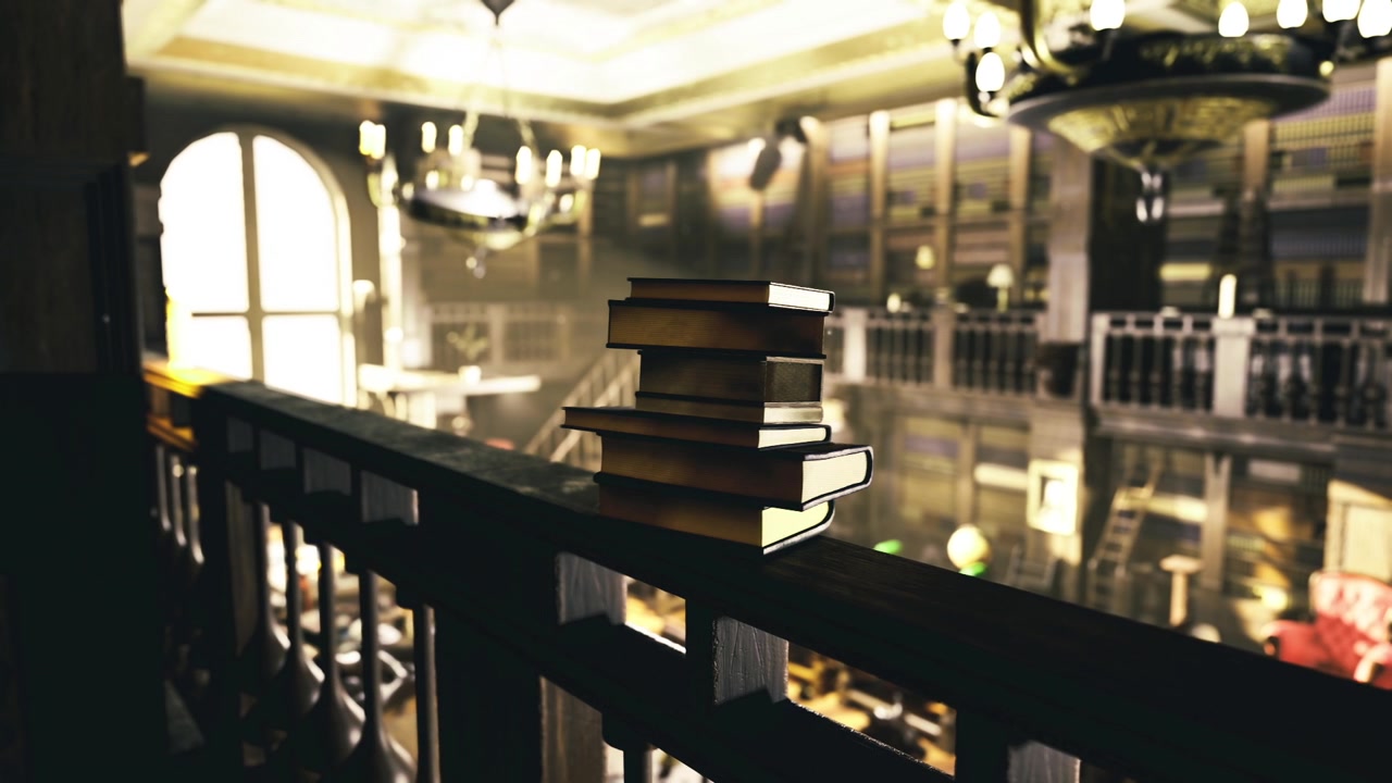 Old textbooks resting on railings suggest diligent research effort