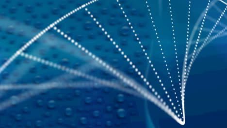 animación de la cadena de adn girando sobre gotas de agua sobre fondo azul