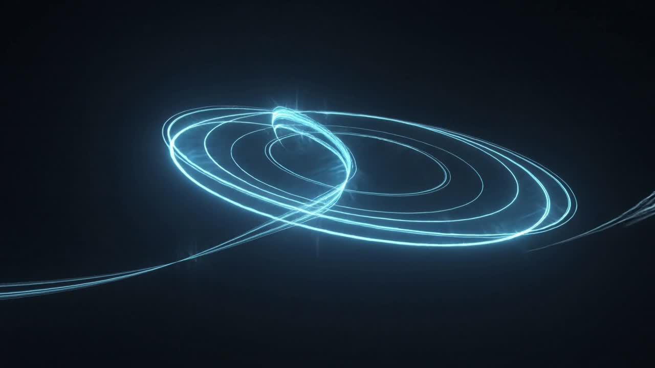 Entering from left, neon-cyan paired light ribbon threading concentric rings in void, forming plume