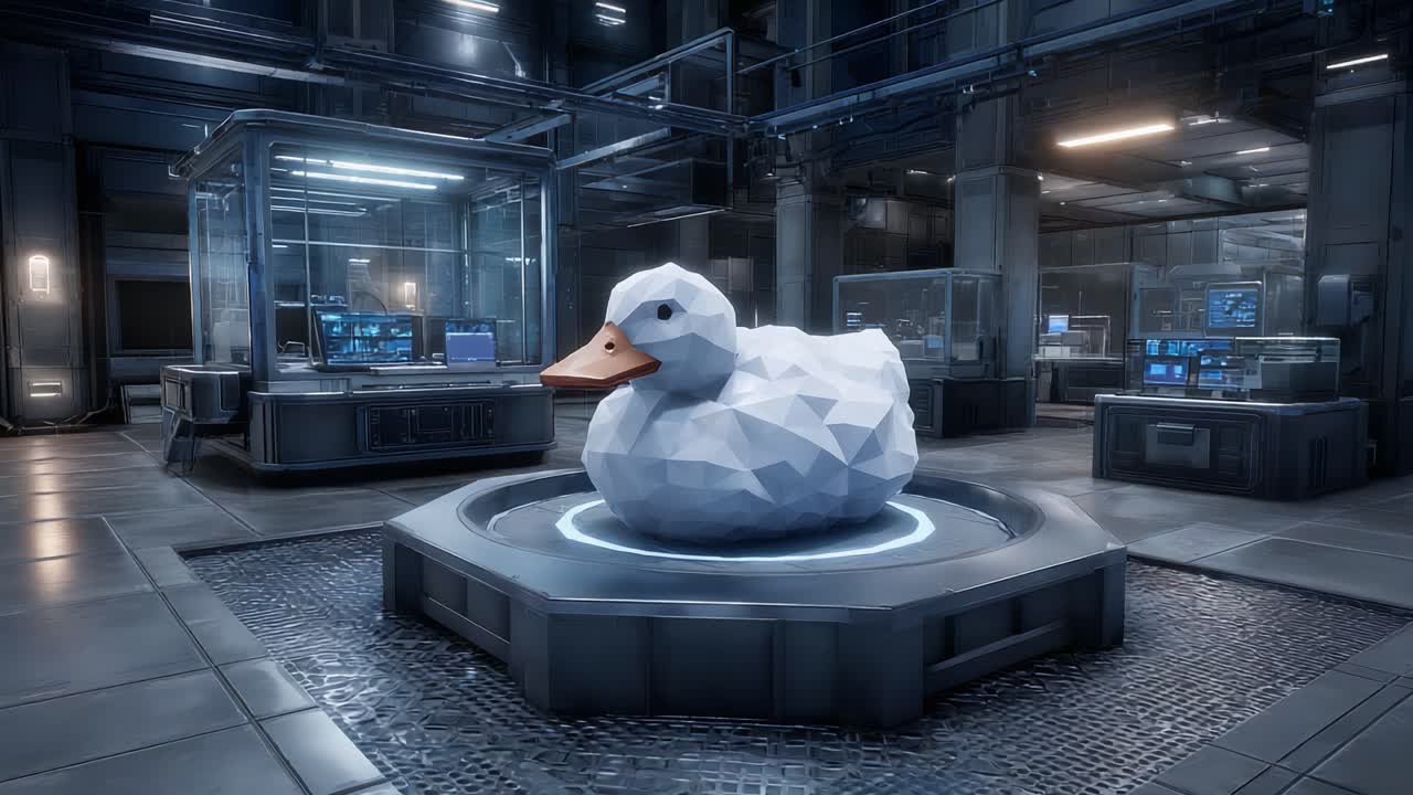 A Playful 3D Render of a Polygonal Duck in a High-Tech Environment, Showcasing Futuristic Industrial Design Elements and Sleek Aesthetic Appeal