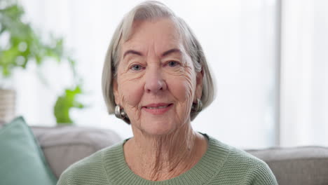 Face,-happy-or-old-woman-on-sofa-in-retirement