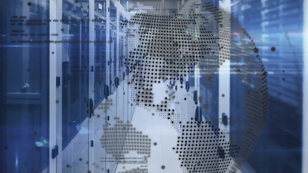 Animation of spinning globe, data processing and light spot against computer server room
