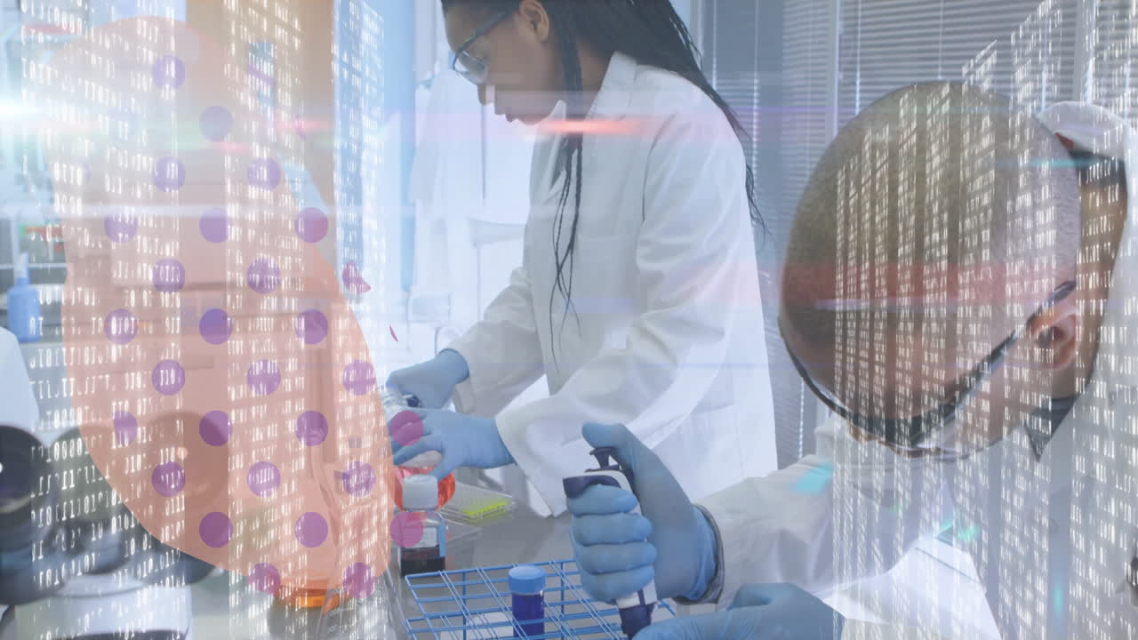 Scientists in lab coats working with test tubes, data processing animation overlay