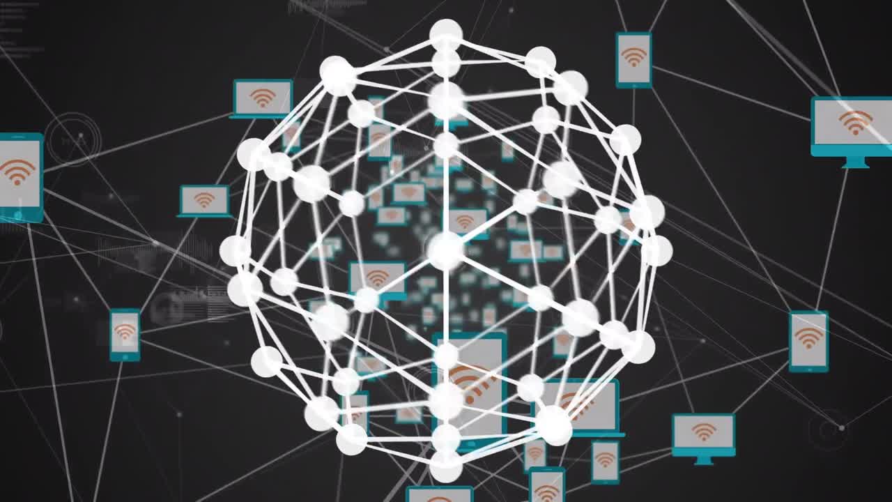 animación de la red de conexiones e iconos sobre un fondo oscuro
