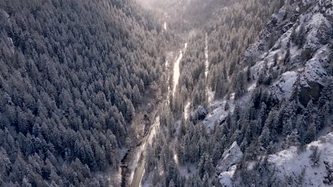 flying over country road between forested mountain slopes against bright sky during winter at american fork canyon, wasatch mountains, utah