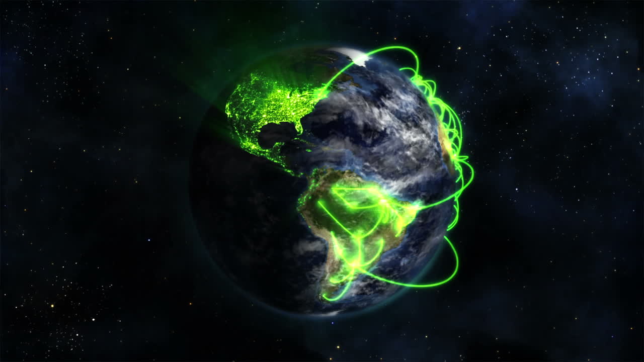Terra animata con collegamenti verdi e nuvole, immagine per gentile concessione di Nasa.org, su uno sfondo stellato